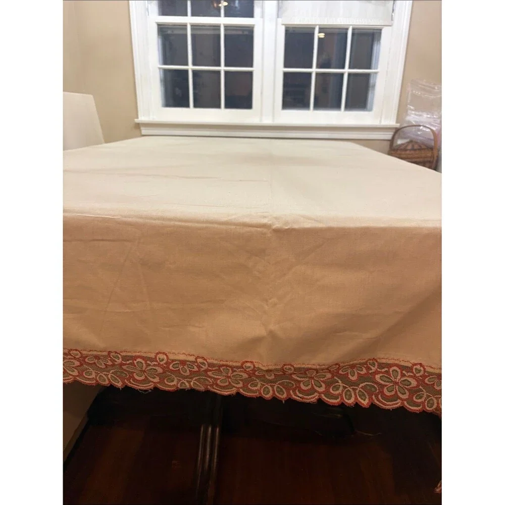 Lace Border Tan Tablecloth 86x65”